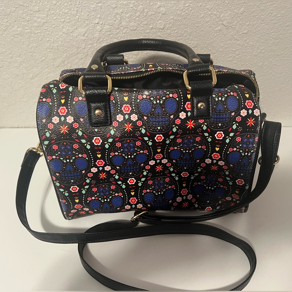 Loungefly Black and Blue Floral Skull Satchel & Wallet Set - Picture 2 of 14